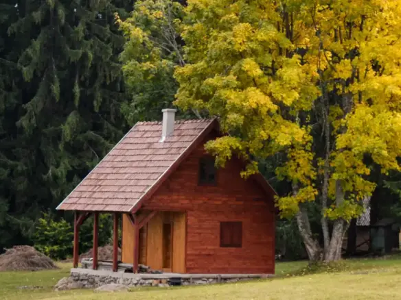 Dřevěná chata v lese na podzim